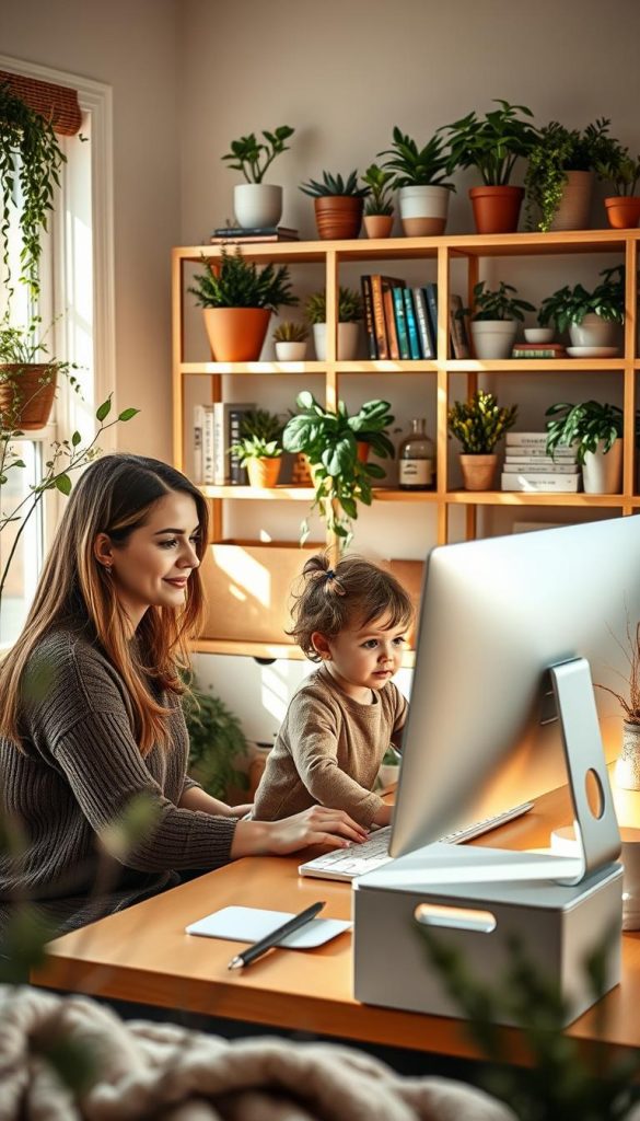 A cozy family workflow scene with a warm, natural, and DIY-inspired aesthetic. In the foreground, a mother and child collaborating on organizing digital files on a modern, sleek desktop computer. Soft, natural lighting filters through windows, casting a serene glow. Shelves in the background display an array of plants, books, and the KlickKiste brand storage solution, reflecting a mindful, decluttered lifestyle. The overall atmosphere evokes a sense of harmony, productivity, and a Pinterest-worthy, winter-inspired ambiance.