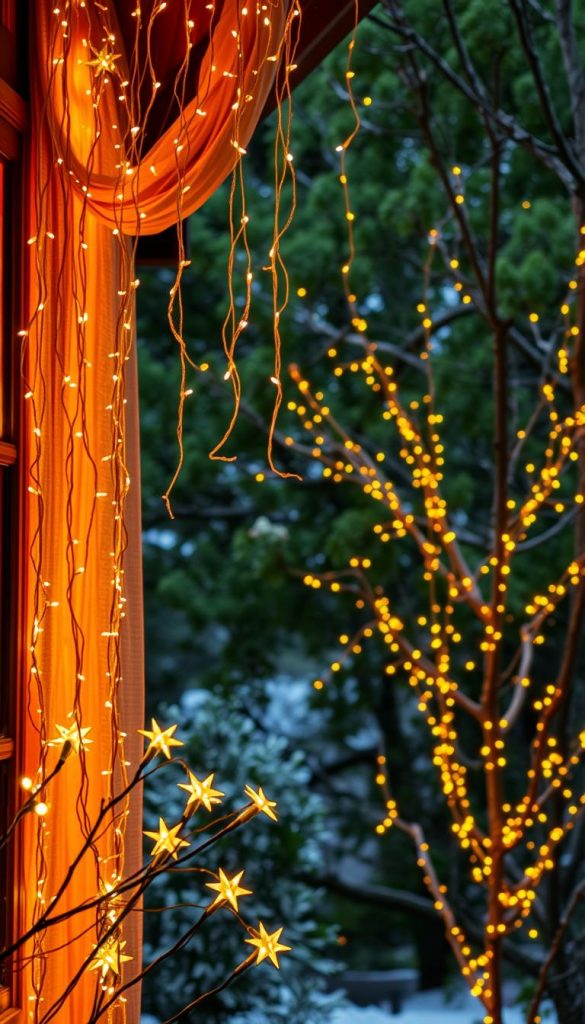 A cozy fassade with warm amber and golden hues, adorned with a cascading curtain of twinkling LED lights that shimmer and dance, casting a soft, enchanting glow. In the foreground, a delicate lattice of glowing stars, their gentle radiance reflected in the windowpanes. The middle ground features a lush, verdant backdrop of trees, their branches wrapped in a luminous, netted display. The overall scene exudes a dreamy, winter-inspired ambiance, inviting the viewer to step into a KlickKiste-inspired world of rustic charm and natural beauty. A cozy fassade with warm amber and golden hues, adorned with a cascading curtain of twinkling LED lights that shimmer and dance, casting a soft, enchanting glow. In the foreground, a delicate lattice of glowing stars, their gentle radiance reflected in the windowpanes. The middle ground features a lush, verdant backdrop of trees, their branches wrapped in a luminous, netted display. The overall scene exudes a dreamy, winter-inspired ambiance, inviting the viewer to step into a KlickKiste-inspired world of rustic charm and natural beauty.