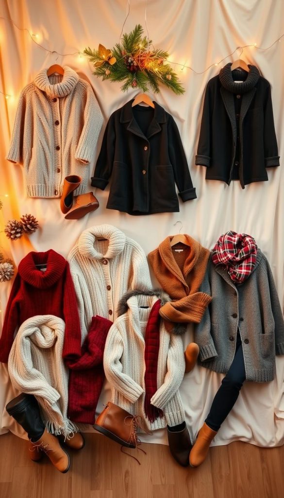 A cozy, festive Christmas outfit spread showcasing 30 stylish looks for every occasion, from casual lounging to elegant dining. Artfully arranged against a soft, warm-toned backdrop, the outfits feature a harmonious blend of knits, velvets, and plush textures in rich, seasonal hues. Natural, DIY-inspired lighting casts a Pinterest-worthy glow, capturing the authentic, inspirational winter vibes. Each ensemble is beautifully styled, inviting the viewer to imagine themselves bundled up in these chic, comfortable holiday ensembles.