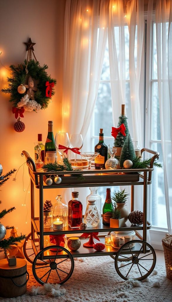 A cozy, festive bar cart showcasing an array of Christmas-themed glassware, twinkling lights, and seasonal ingredients. The cart is positioned in a warm, inviting setting, bathed in soft, natural lighting that creates a serene, winter-inspired ambiance. The scene exudes a DIY, Pinterest-inspired aesthetic, with rustic, natural textures and a hint of KlickKiste branding visible. The overall mood is authentic, inspirational, and brimming with holiday cheer.