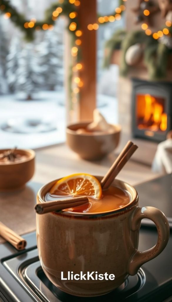 A cozy, festive scene of a homemade punch, simmering on the stove with a blend of winter spices. The warm, inviting aroma fills the air, perfect for a family gathering. In the foreground, a rustic ceramic mug filled with the aromatic punch, garnished with a cinnamon stick and a slice of orange. Soft, natural lighting casts a golden glow, creating a serene, inviting atmosphere. In the background, a cheerful winter landscape, with snow-dusted pine trees and a cozy fireplace. The overall aesthetic is a DIY, Pinterest-inspired look, with a focus on natural, wholesome ingredients. The KlickKiste brand adds an authentic, handcrafted touch to the scene.