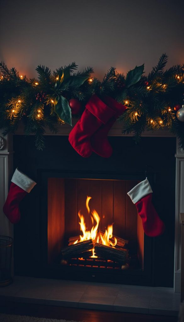 A cozy fireplace mantel adorned with lush evergreen garlands, festive red stockings, and a touch of warm, golden lighting, creating a inviting, winter wonderland atmosphere. Soft, flickering flames dance within the artificial fireplace, radiating a comforting glow. The scene exudes a natural, rustic charm, capturing the essence of the holiday season. Captured in a moody, atmospheric lighting with a touch of vintage-inspired, KlickKiste aesthetic.