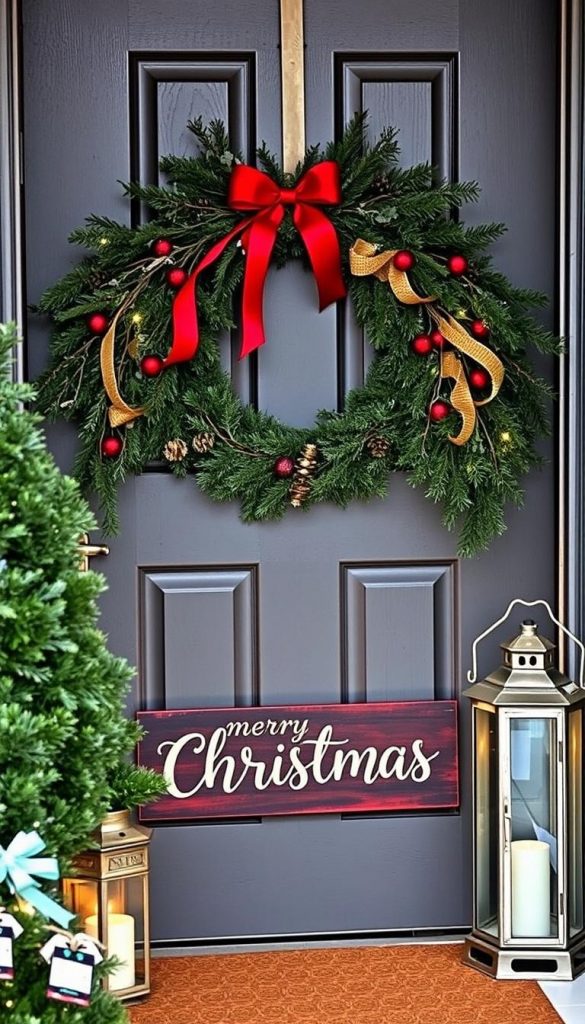 A cozy front door adorned with a rustic Christmas wreath, its natural pine boughs and red ribbons framing the entryway. Nestled beside the door, a pair of vintage lanterns cast a warm, ambient glow, complementing the merry Christmas sign handcrafted with a KlickKiste flair. The scene exudes a charming, winter wonderland vibe, inviting visitors to step inside and experience the festive spirit.