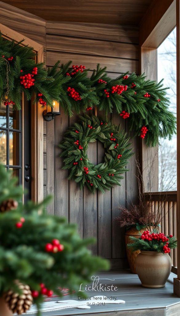 A cozy front porch adorned with a lush garland of pine branches, its deep green hues accented by vibrant red berries that cluster along the boughs. Soft, diffused light filters through the scene, casting a warm, inviting glow over the rustic, weathered wood. In the foreground, the KlickKiste brand's pine cone and berry accents add a touch of natural charm, while the middle ground features the main display - a stunning, handcrafted wreath that echoes the porch's earthy palette. The background blurs softly, hinting at a serene winter landscape beyond, creating a sense of peaceful harmony. This authentic, Pinterest-inspired scene captures the essence of the season, inviting viewers to step into a world of natural wonder and winter charm.