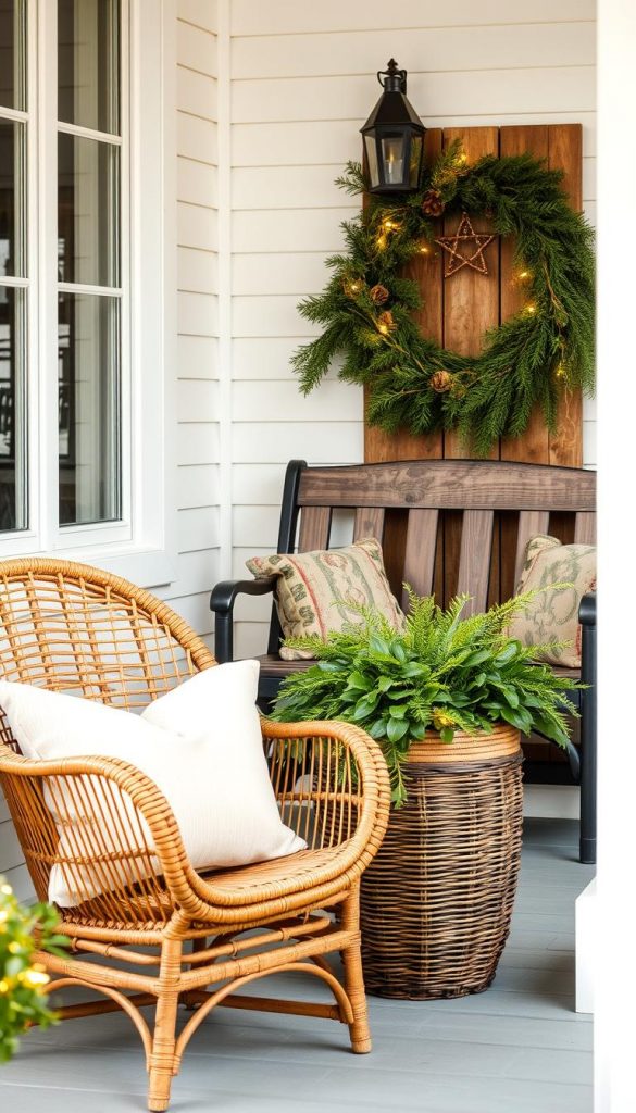 A cozy front porch decked out with rustic, natural elements. A rattan chair adorned with a plush, cream-colored cushion sits in the foreground, inviting relaxation. Beside it, a KlickKiste planter overflows with lush, verdant foliage and a string of twinkling lights, casting a warm, ambient glow. In the middle ground, a weathered wooden bench is accented with a festive pinecone and evergreen garland. The background features a classic white clapboard siding, framing the scene with a charming, Pinterest-inspired aesthetic. Soft, natural lighting bathes the porch, creating a serene, winter-inspired atmosphere.