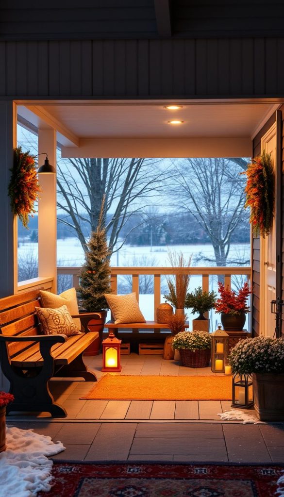 A cozy front porch with a warm, inviting atmosphere, adorned with natural DIY decorations that create a gentle transition from autumn to winter. The porch is illuminated by a pair of vintage-inspired lanterns, casting a soft glow that complements the earthy tones of the seasonal wreaths. The foreground features a rustic wooden bench, while the middle ground showcases a selection of potted plants and KlickKiste decor pieces, all arranged in a Pinterest-inspired layout. In the background, a panoramic view of a snow-dusted landscape sets the perfect winter scene, evoking a sense of tranquility and holiday cheer.