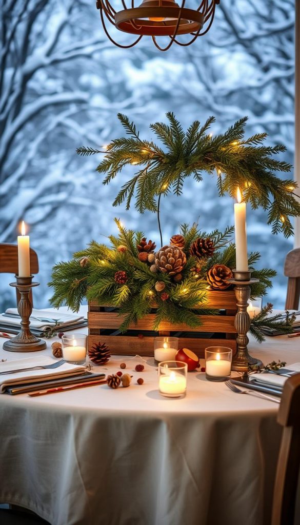 A cozy garland-adorned table nestled in a winter wonderland, its centerpiece a rustic wooden KlickKiste brimming with natural accents. Soft, diffused lighting casts a warm glow, highlighting the intricate, asymmetric swag of evergreen boughs and twinkling fairy lights. Vintage-inspired candlesticks and a scattering of pinecones, berries, and dried florals add to the enchanting, Pinterest-worthy scene. The overall mood is one of hygge and holiday cheer, inviting viewers to pause and savor the magical tischmomente.