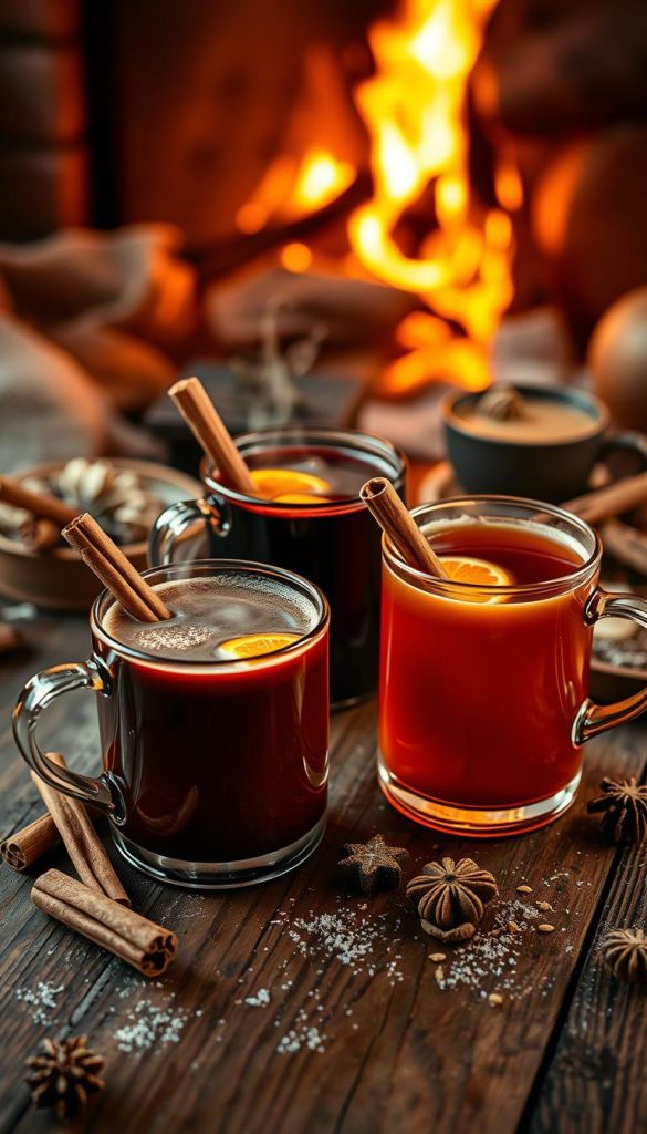 A cozy gathering of warm winter drinks, artfully arranged on a rustic wooden surface. Steaming mugs of mulled wine, fragrant hot chocolate, and spiced apple cider, each with its own unique garnish - cinnamon sticks, orange slices, and grated nutmeg. The lighting is soft and inviting, casting a golden glow that enhances the natural tones of the drinks and their accoutrements. In the background, a hint of a winter wonderland scene - a snowy landscape or a crackling fireplace, creating a sense of comfort and relaxation. The overall mood is one of mindful indulgence, where time slows down, and the simple pleasures of the season take center stage. A cozy gathering of warm winter drinks, artfully arranged on a rustic wooden surface. Steaming mugs of mulled wine, fragrant hot chocolate, and spiced apple cider, each with its own unique garnish - cinnamon sticks, orange slices, and grated nutmeg. The lighting is soft and inviting, casting a golden glow that enhances the natural tones of the drinks and their accoutrements. In the background, a hint of a winter wonderland scene - a snowy landscape or a crackling fireplace, creating a sense of comfort and relaxation. The overall mood is one of mindful indulgence, where time slows down, and the simple pleasures of the season take center stage.