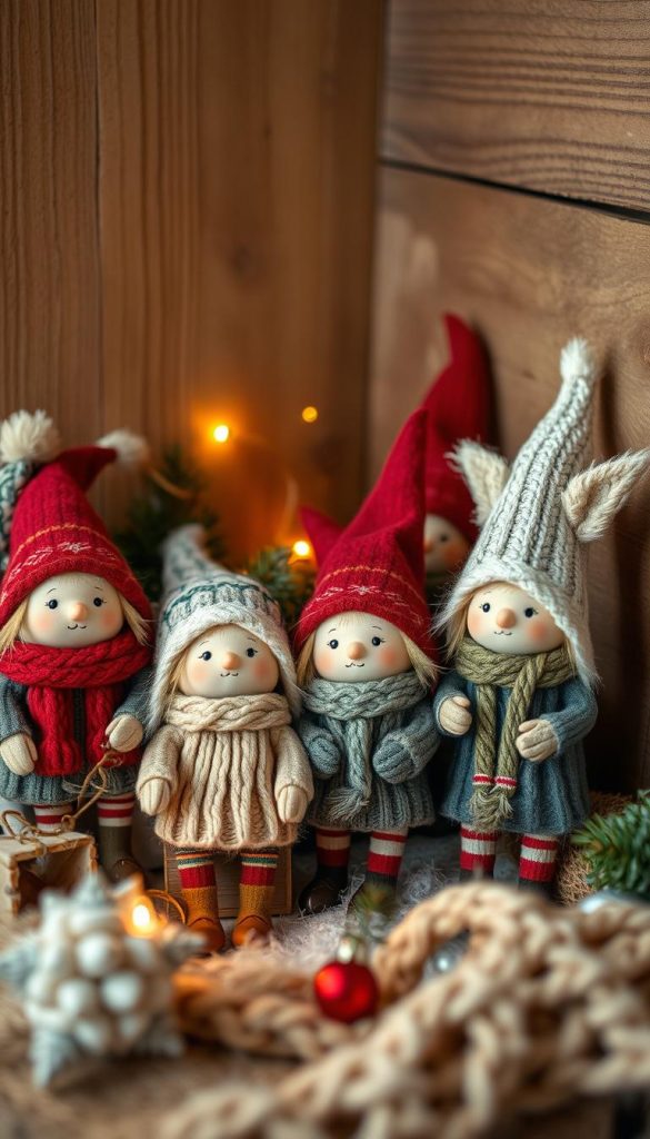 A cozy gathering of whimsical wichtel figurines, adorned with festive knits and pine accents, set against a warm, rustic backdrop. Soft, diffused lighting casts a gentle glow, evoking a charming, handcrafted ambiance. The scene exudes a sense of winter wonder, with a touch of vintage-inspired magic. Detailed wichtel expressions and poses convey their playful, mischievous nature. Nestled in an inviting, DIY-inspired corner, this KlickKiste-inspired display captures the essence of a delightful Weihnachten vignette.