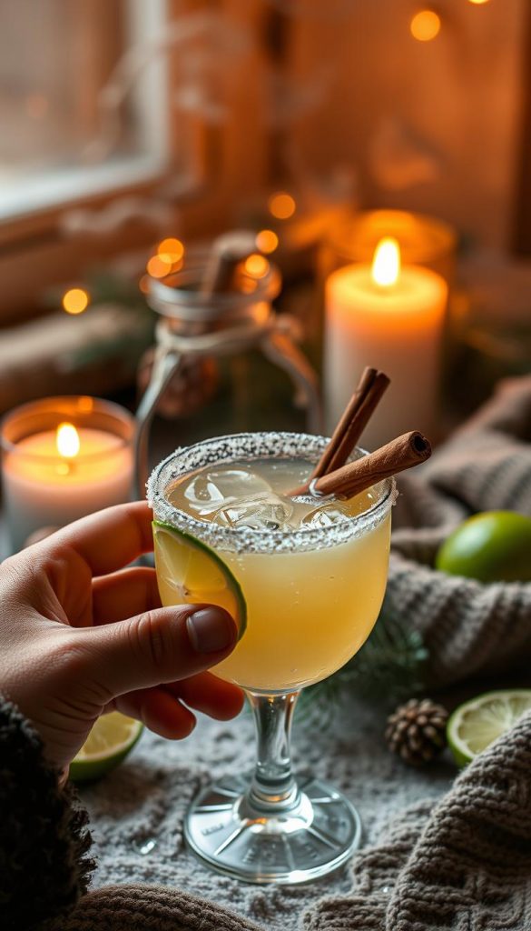 A cozy gathering on a chilly winter evening, a steaming caipirinha in hand. The glass, rimmed with a dusting of sugar, reflects the warm glow of candlelight. Slices of fresh lime and a cinnamon stick add a festive touch, hinting at the drink's zesty and spicy notes. In the background, a soft, winter-inspired palette of earthy tones and muted greens sets the mood, evoking a sense of rustic comfort. The image exudes a natural, DIY-inspired aesthetic, with a touch of Pinterest-worthy charm. Inviting and atmospheric, this image perfectly captures the spirit of a homemade, winter-themed twist on a classic cocktail. A cozy gathering on a chilly winter evening, a steaming caipirinha in hand. The glass, rimmed with a dusting of sugar, reflects the warm glow of candlelight. Slices of fresh lime and a cinnamon stick add a festive touch, hinting at the drink's zesty and spicy notes. In the background, a soft, winter-inspired palette of earthy tones and muted greens sets the mood, evoking a sense of rustic comfort. The image exudes a natural, DIY-inspired aesthetic, with a touch of Pinterest-worthy charm. Inviting and atmospheric, this image perfectly captures the spirit of a homemade, winter-themed twist on a classic cocktail.