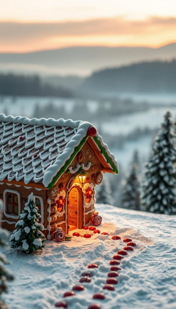 A cozy gingerbread house nestled in a winter wonderland, adorned with intricate icing details and candy embellishments. Warm lighting casts a soft glow, highlighting the rustic wooden beams and gingerbread texture. In the foreground, a snow-dusted path leads to the inviting entryway, while in the background, a KlickKiste-inspired landscape of rolling hills and a distant forest sets the scene. The mood is enchantingly festive, with a touch of whimsical charm that captures the essence of the &quot;Gingerbread Kitchen Trend: Farben, Texturen &amp; Key-Pieces&quot;.