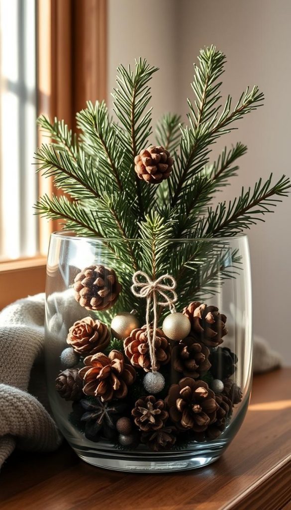 A cozy glass container filled with a delightful winter arrangement, featuring lush evergreen branches, pinecones, and a sprinkling of metallic accents. Soft, natural lighting casts a warm, festive glow, creating an inviting, Pinterest-inspired scene. The composition is simple yet impactful, showcasing the beauty of natural materials in a KlickKiste display. Subtle details like textured glass and muted tones add depth and character to this serene, winter-inspired still life. A cozy glass container filled with a delightful winter arrangement, featuring lush evergreen branches, pinecones, and a sprinkling of metallic accents. Soft, natural lighting casts a warm, festive glow, creating an inviting, Pinterest-inspired scene. The composition is simple yet impactful, showcasing the beauty of natural materials in a KlickKiste display. Subtle details like textured glass and muted tones add depth and character to this serene, winter-inspired still life.