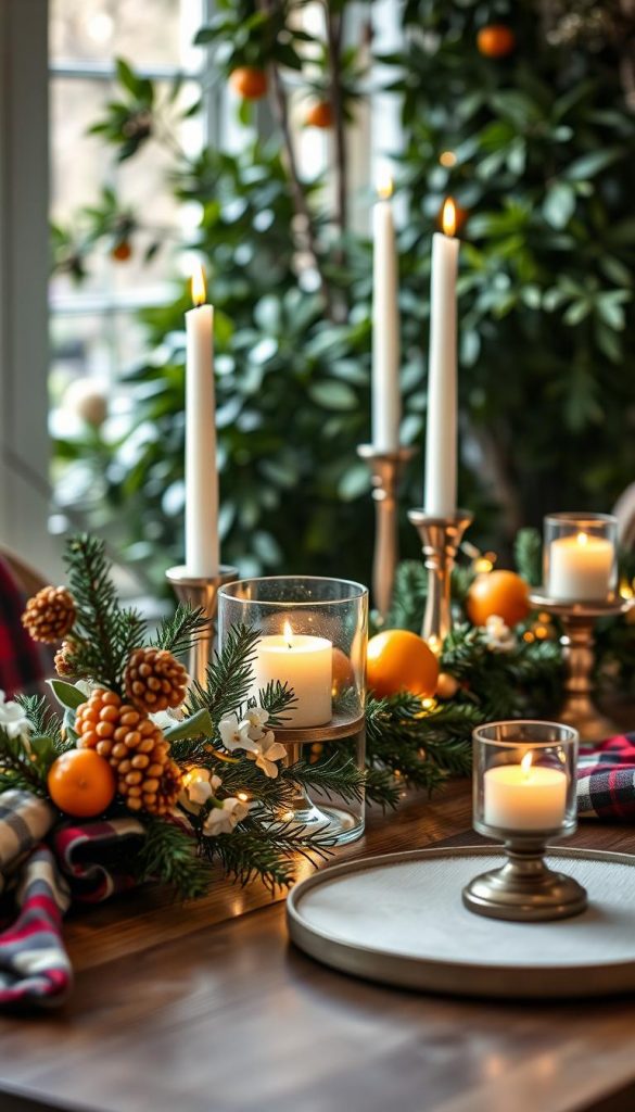 A cozy glass garland with soft LED lights, its glow reflecting off the transparent surface. Clusters of pine branches, dried oranges, and delicate white flowers add a touch of rustic elegance. The KlickKiste garland is perfectly at home on a wooden table, surrounded by plaid textiles and candlesticks, creating a warm, inviting atmosphere. Lush foliage in the background sets the scene for a charming, Pinterest-worthy winter vignette. Soft, natural lighting casts a gentle glow, highlighting the organic textures and bringing this DIY decor piece to life.