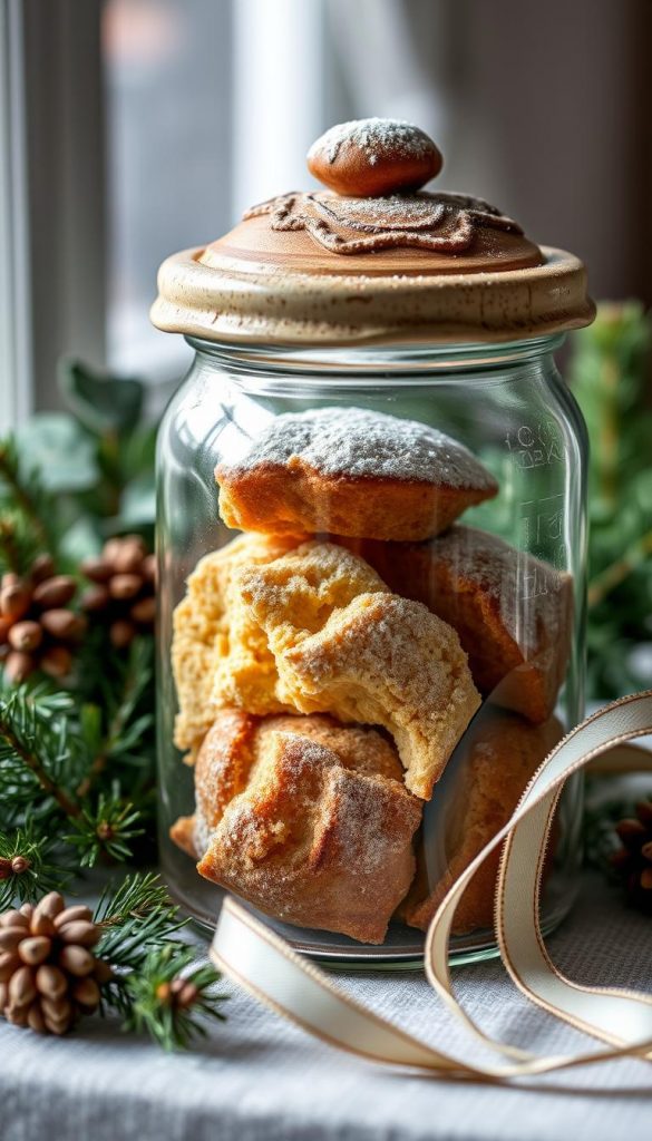 A cozy glass jar filled with freshly baked Kuchen, its golden crumb and dusting of powdered sugar visible through the clear glass. Soft natural lighting casts a warm glow, highlighting the rustic charm of the handcrafted ceramic lid. Festive greenery and a delicate ribbon accent the scene, evoking a homemade, winter-inspired aesthetic. The composition has a dreamy, inviting quality, perfectly capturing the essence of homemade baked goods as cherished holiday gifts. A cozy glass jar filled with freshly baked Kuchen, its golden crumb and dusting of powdered sugar visible through the clear glass. Soft natural lighting casts a warm glow, highlighting the rustic charm of the handcrafted ceramic lid. Festive greenery and a delicate ribbon accent the scene, evoking a homemade, winter-inspired aesthetic. The composition has a dreamy, inviting quality, perfectly capturing the essence of homemade baked goods as cherished holiday gifts.
