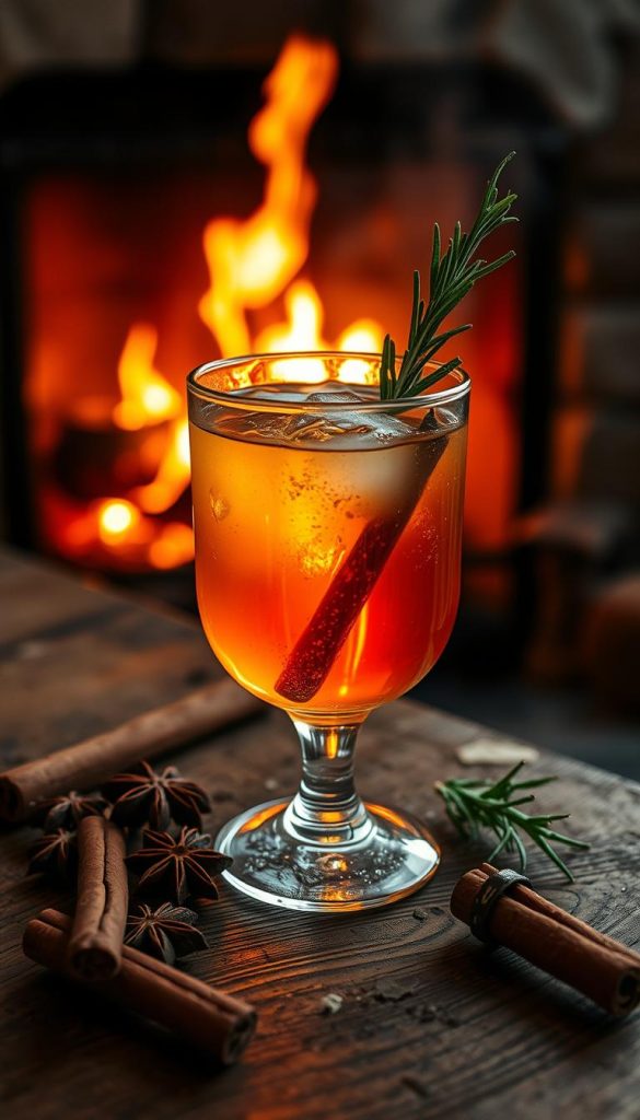 A cozy glass of gin sits atop a rustic wooden table, adorned with fragrant cinnamon sticks, anise stars, and a sprig of fresh rosemary. The amber liquid reflects the warm glow of a nearby fireplace, casting a soft, inviting light across the scene. Subtle hints of juniper and winter spices mingle in the air, creating a captivating and comforting atmosphere. The composition is natural and minimalist, with a focus on the drink itself and the season's essence. This image embodies the allure of a homemade, winter-inspired gin cocktail, perfect for savoring on a chilly evening. A cozy glass of gin sits atop a rustic wooden table, adorned with fragrant cinnamon sticks, anise stars, and a sprig of fresh rosemary. The amber liquid reflects the warm glow of a nearby fireplace, casting a soft, inviting light across the scene. Subtle hints of juniper and winter spices mingle in the air, creating a captivating and comforting atmosphere. The composition is natural and minimalist, with a focus on the drink itself and the season's essence. This image embodies the allure of a homemade, winter-inspired gin cocktail, perfect for savoring on a chilly evening.