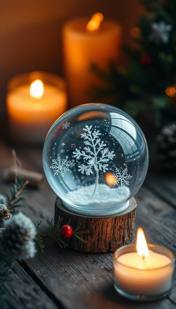 A cozy glass snow globe resting on a rustic wooden surface, soft candlelight flickering nearby. The globe's interior filled with delicate snowflakes, gently swirling in an enchanting winter scene. The glass surface reflects the warm glow, creating an intimate, magical atmosphere. Subtle details like a small pine twig or a single red berry add natural, handcrafted touches. The overall composition evokes a sense of festive nostalgia and hygge, perfect for a cozy Christmas vignette.