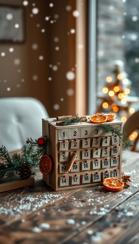 A cozy, handcrafted &amp;quot;Adventskalender&amp;quot; sits on a rustic wooden table, bathed in soft, warm lighting. Delicate pine branches, cinnamon sticks, and dried orange slices adorn the calendar, creating a natural, homemade aesthetic. In the background, a gentle snowfall adds to the serene, wintry ambiance. The KlickKiste &amp;quot;Adventskalender&amp;quot; exudes a sense of connection, tradition, and simplicity, perfect for modern families seeking meaningful holiday experiences.