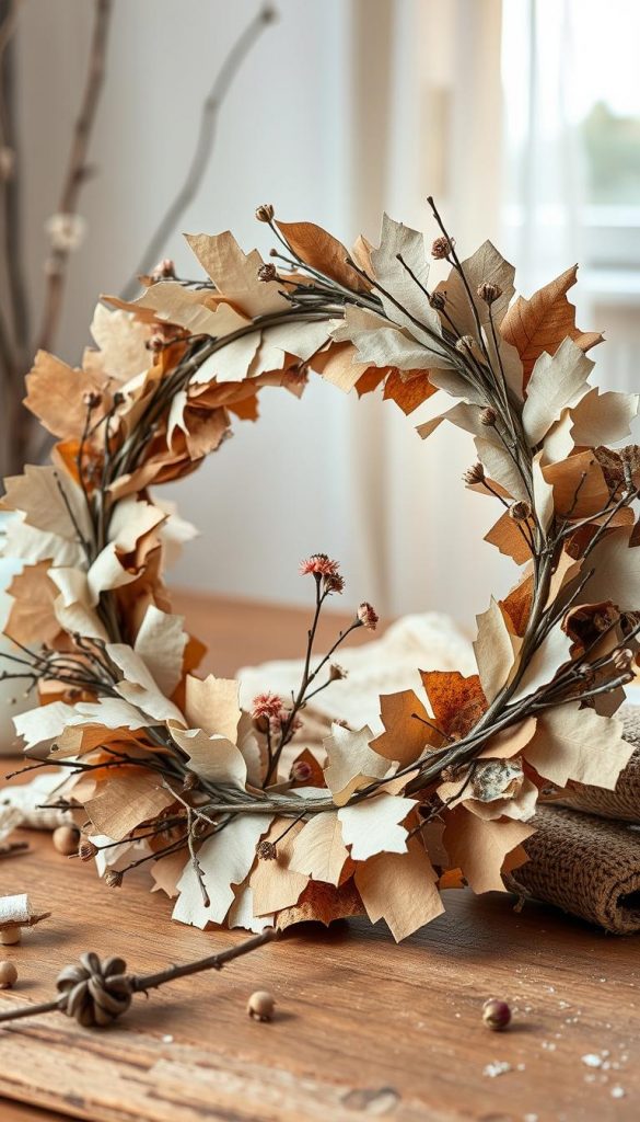 A cozy, handcrafted &amp;quot;papier kranz&amp;quot; featuring repurposed materials, textures, and a rustic, winter-inspired aesthetic. In the foreground, a wreath-like structure made from recycled cardboard, torn paper strips, and natural twigs. The middle ground showcases a soft, muted color palette of cream, beige, and earthy tones, with hints of dried flowers, leaves, and subtle fabric accents. The background evokes a warm, inviting atmosphere, lit by gentle, natural lighting. The overall composition has a charming, DIY-inspired look, capturing the essence of the &amp;quot;Upcycling-Idee: Winterkranz aus Karton, Stoffresten und Papier&amp;quot; section. Photographed with a KlickKiste aesthetic, showcasing the artful, homemade quality of this unique, winter-themed decoration.