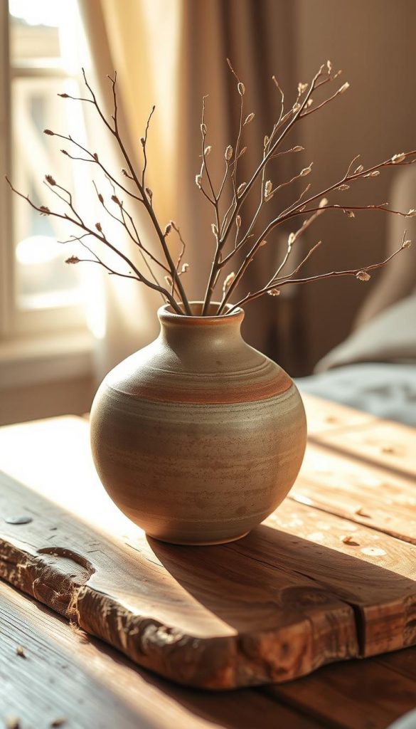 A cozy, handcrafted ceramic vase sits atop a rustic wooden surface, bathed in the soft, golden glow of natural lighting. The vase's textured, earthy surface and organic shape evoke a sense of warmth and authenticity, perfectly complementing the winter-inspired palette of muted greens, browns, and creams. Delicate, wispy branches or dried floral elements add a touch of natural elegance, creating a Pinterest-inspired, DIY-style scene that exudes a sense of coziness and comfort. The overall composition radiates a welcoming, inviting atmosphere, perfectly capturing the essence of the &quot;Accessories with Soul&quot; section in the &quot;18 Winter Bedroom Ideas for More Coziness&quot; article.