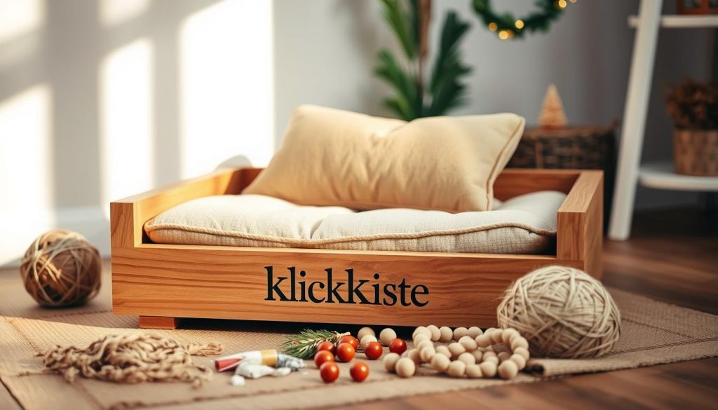 A cozy, handcrafted dog bed nestled in a warm, rustic setting. In the foreground, a plush, beige cushion sits atop a sturdy, wooden frame branded "KlickKiste". The middle ground features a selection of natural, DIY materials - twine, fabric scraps, and wooden beads - scattered artfully around the bed. The background showcases a softly lit, neutral-toned room, with a touch of holiday cheer in the form of a small, festive garland. Soft, natural lighting casts a gentle glow, creating a sense of comfort and relaxation. The overall scene evokes a homemade, holiday-inspired atmosphere perfect for a beloved pet.