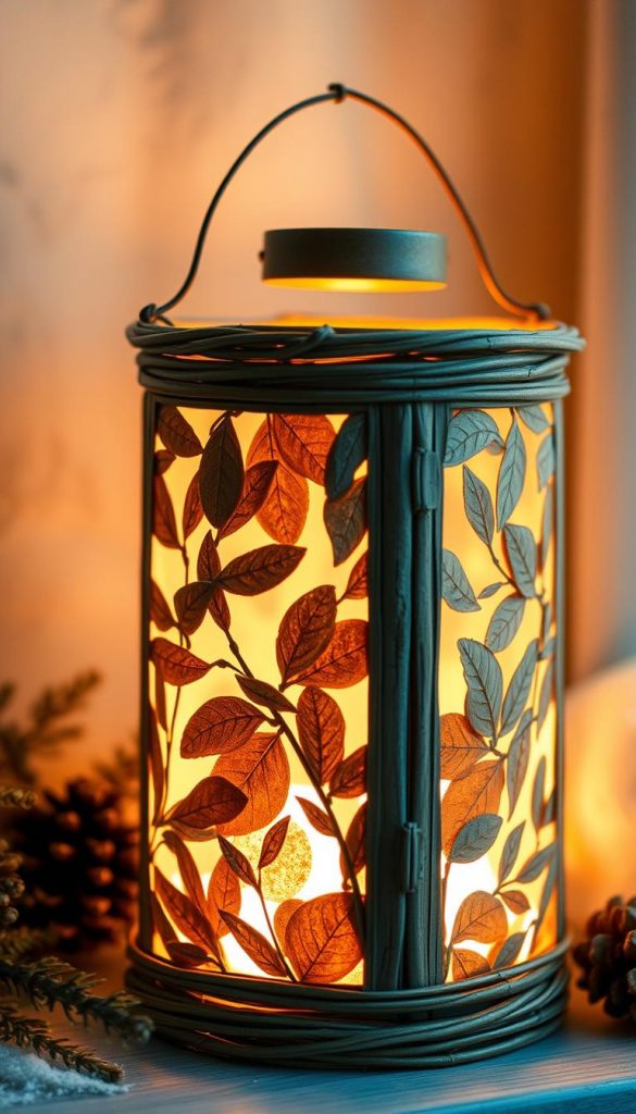 A cozy, handcrafted lantern in a rustic, natural style, bathed in a warm, inviting glow. The lantern's exterior features a delicate pattern of pressed leaves, creating a captivating interplay of textures and earthy tones. Soft, diffused lighting emanates from within, casting a gentle, ambient illumination that evokes a sense of winter coziness and a touch of whimsy. The lantern is positioned against a backdrop of soft, muted hues, suggesting a serene, Nordic-inspired setting, perfect for setting the mood in a cozy living space or on a festive winter porch.