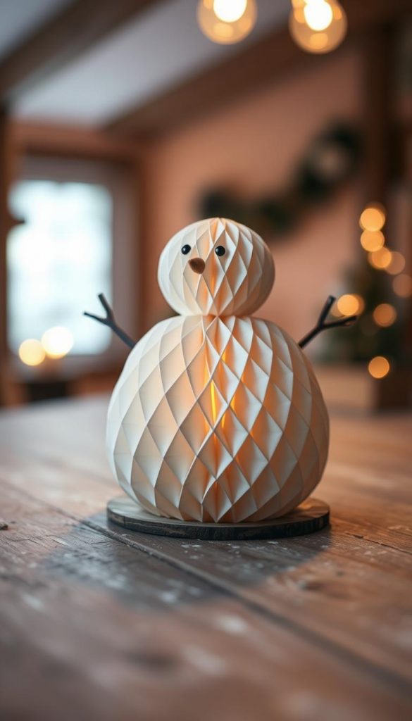 A cozy, handcrafted paper honeycomb snowman stands in the foreground, its intricate geometric shape capturing the winter's charm. Soft, muted tones of ivory, gray, and subtle blue hues create a serene, natural ambiance. The snowman is positioned on a rustic wooden surface, with a slightly blurred background hinting at a cozy, cabin-inspired setting. Warm, diffused lighting from above casts gentle shadows, adding depth and texture. This artisanal, Pinterest-inspired scene captures the essence of the &quot;KlickKiste&quot; brand's DIY winter decor, perfect for the &quot;Honeycomb-Schneemann aus Papier als Tischdeko zum Coaster-Set&quot; section of the &quot;Filzprojekte: Untersetzer &amp; Coaster in Winterfarben&quot; article.