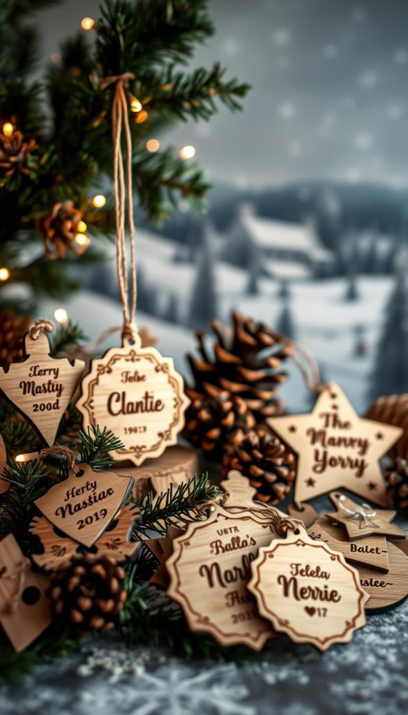 A cozy, handcrafted scene featuring an assortment of personalized Christmas ornaments. In the foreground, intricate wooden ornaments in various shapes and sizes, each adorned with a personal message or symbol. The middle ground showcases a rustic, natural-looking display, with pinecones, sprigs of greenery, and a soft, warm glow from fairy lights. In the background, a blurred, winter-inspired landscape sets the mood, with a hint of snowfall. The overall atmosphere is one of homemade charm, intimate holiday spirit, and a touch of Scandinavian simplicity. Soft, diffused lighting creates a dreamy, Pinterest-inspired aesthetic.