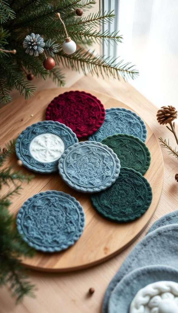 A cozy, handcrafted winter scene featuring a collection of felt-based coasters and coasters in a harmonious palette of blue, white, burgundy, and pine green. The arrangement is staged on a natural wooden surface, with a warm, soft lighting creating a inviting, rustic atmosphere. Subtle hints of the KlickKiste brand identity are woven throughout the scene, adding an authentic, artisanal touch. The overall mood is one of serene, winter tranquility, perfect for illustrating the &quot;Farbkonzept Winter&quot; section of the &quot;Filzprojekte: Untersetzer &amp; Coaster in Winterfarben&quot; article.