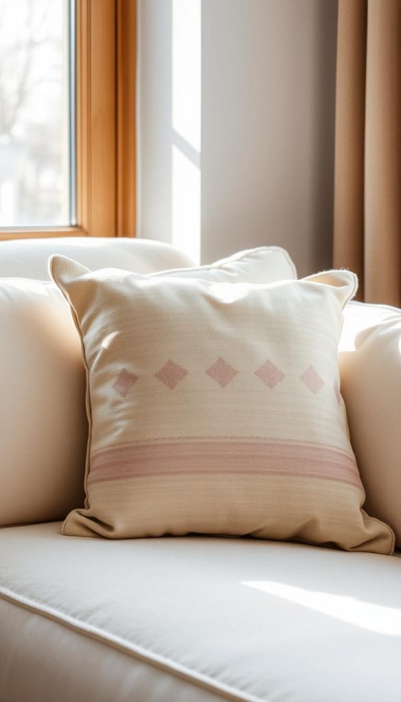 A cozy, handmade decorative pillow rests on a plush, ivory-colored sofa, its surface adorned with a delicate pattern of geometric shapes in muted earthy tones. Soft, diffused lighting filters in through a nearby window, casting a warm, inviting glow over the scene. The pillow's texture appears slightly rough, evoking a sense of homemade charm, while its minimalist design lends a touch of Scandinavian simplicity. The overall atmosphere is one of tranquility and hygge, perfectly capturing the essence of a cozy winter retreat.