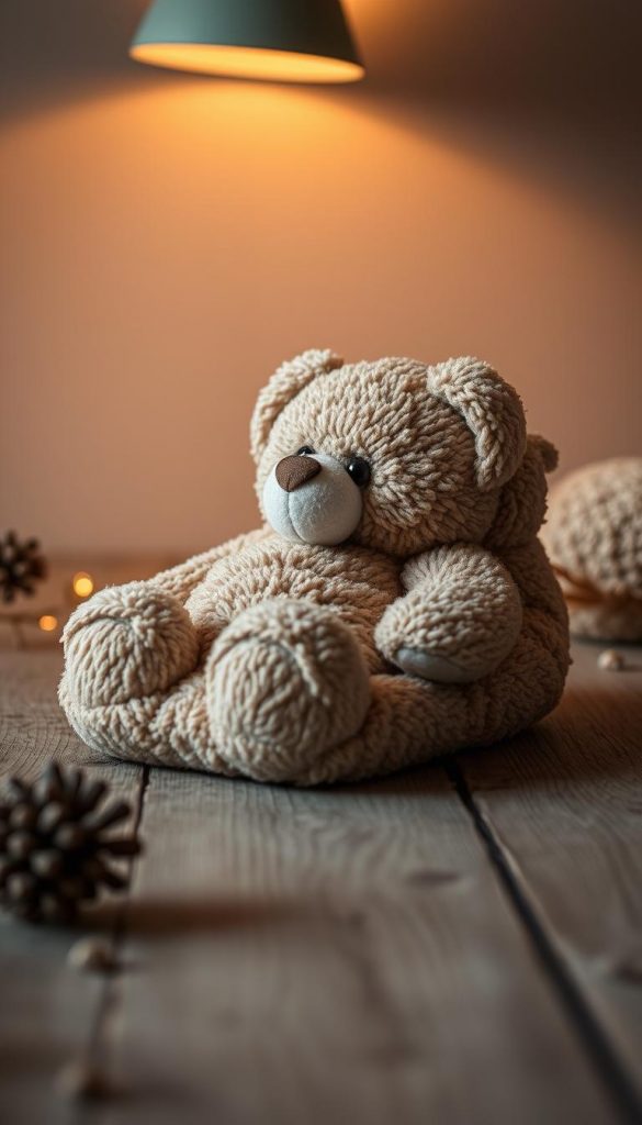 A cozy, handmade foot warmer crafted from plush, quilted teddy bear fabric. Soft and inviting, it sits on a rustic wooden surface, casting a warm, ambient glow from the soft lighting overhead. The muted, earthy tones create a serene, winter-inspired atmosphere, evoking a sense of hygge and comfort. Subtle textures and natural details add depth and character, capturing the essence of a homemade, DIY project with a charming, Pinterest-inspired aesthetic.