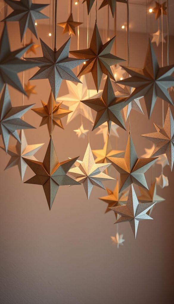 A cozy, handmade scene of intricate paper stars in varying sizes, shapes, and textures. Soft, warm lighting from above casts a gentle glow, creating a serene, inviting atmosphere. The stars hang gracefully from the ceiling, their sharp folds and crisp edges contrasting with the natural, organic feel of the space. The background features a neutral, textured wall, allowing the stars to take center stage. Hints of winter charm, with a touch of rustic, homemade elegance - a perfect DIY centerpiece for any festive entryway.