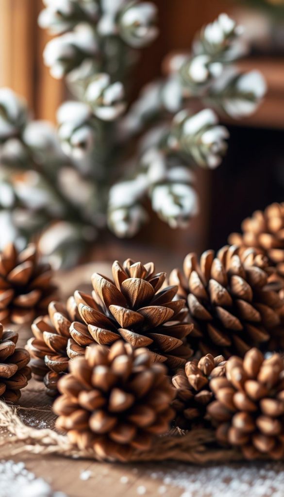 A cozy, handmade scene of wooden pinecones, or &quot;zapfen&quot;, nestled in a rustic, winter-inspired setting. Soft, warm lighting illuminates the textured pinecones, casting gentle shadows. The pinecones are arranged in the foreground, with a blurred background of snowy pine branches and a hint of a cozy, wooden interior. The overall atmosphere is natural, earthy, and inviting, conveying a sense of simple, homemade craftsmanship perfect for a heartwarming Christmas DIY project.