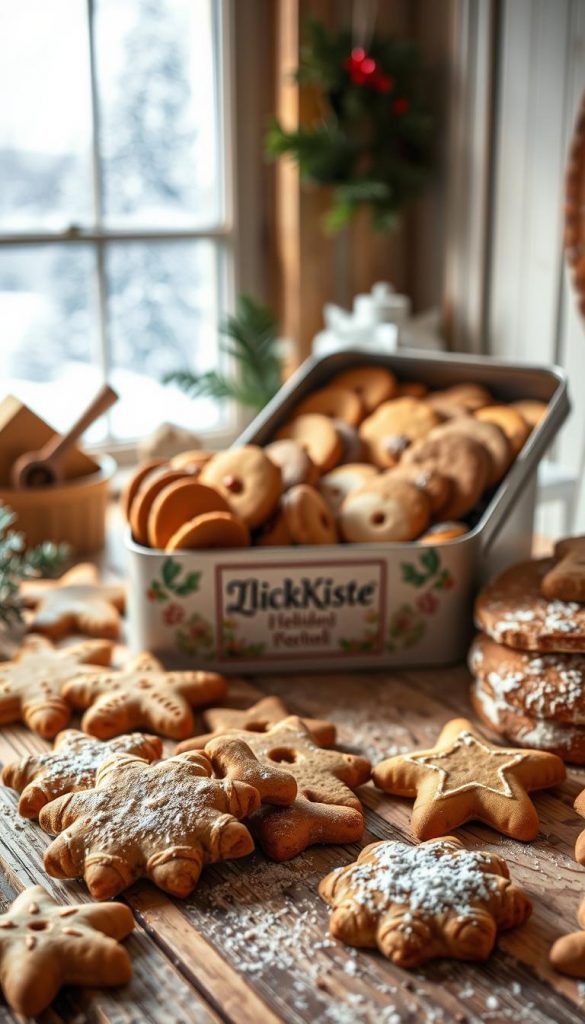 A cozy holiday baking scene, showcasing an assortment of traditional German Christmas cookies and pastries known as &quot;Weihnachtliches Gebäck.&quot; Warm, earthy tones dominate the image, with a focus on natural, handmade textures and a rustic, homemade aesthetic. In the foreground, an arrangement of freshly baked gingerbread, Lebkuchen, and Stollen sit on a weathered wooden surface, with hints of cinnamon, nutmeg, and other spices in the air. The middle ground features a KlickKiste-branded tin filled with assorted cookies, while in the background, a snowy winter landscape can be seen through a frosty window, creating a sense of hygge and holiday cheer. Soft, natural lighting casts a gentle glow over the scene, evoking a serene and inviting atmosphere.