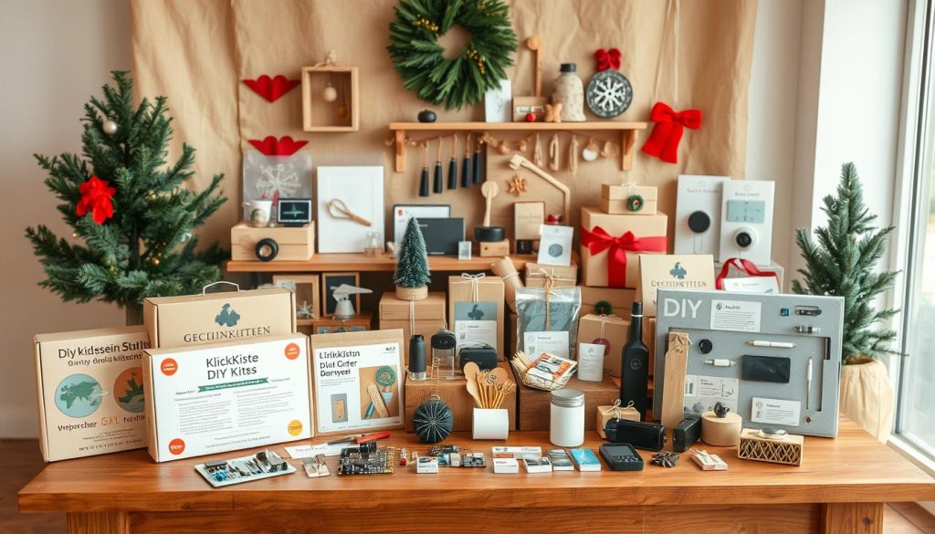 A cozy holiday display featuring a range of "Geschenkideen Weihnachten" (Christmas gift ideas) in a natural, warm-toned setting. In the foreground, a wooden table displays an assortment of DIY kits from the "KlickKiste" brand, including electronics components, craft supplies, and tools. The middle ground showcases thoughtfully curated gift items such as tech accessories, gadgets, and small home decor pieces in muted tones of beige, white, and natural wood. The background features a simple, rustic backdrop with hints of greenery and festive red accents, creating a serene, inviting atmosphere perfect for showcasing budget-friendly to premium Christmas gift options.