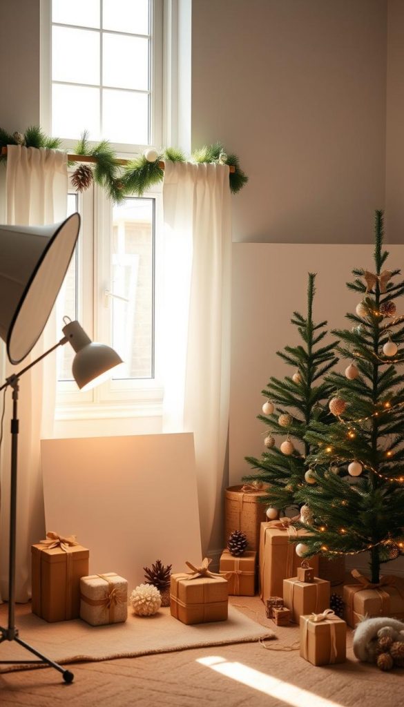 A cozy holiday-themed photo studio setup with natural lighting streaming through a window, creating a warm, inviting ambiance. Soft, diffused illumination from a KlickKiste table lamp and a DIY reflector board gently illuminate the scene, adding depth and dimensionality. Strategically placed holiday decor, such as a garland, string lights, and a minimalist Christmas tree, create a festive, Pinterest-inspired atmosphere. The overall look is clean, cohesive, and effortlessly styled, with a focus on capturing the essence of the winter season through muted, earthy tones and natural textures.