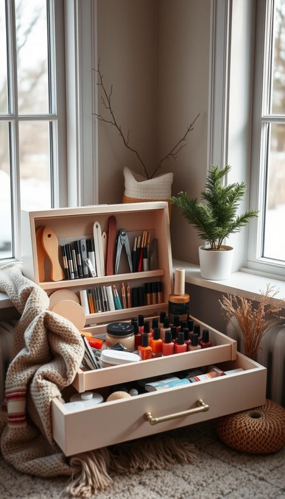 A cozy home manicure station with natural lighting from large windows, showcasing a KlickKiste filled with all the essential nail care tools - nail clippers, emery boards, cuticle nippers, and a selection of high-quality nail polishes in warm, earthy tones. The scene is styled with winter touches like a soft throw blanket and a potted plant, creating a calming, Pinterest-inspired atmosphere. The overall mood is intimate and relaxing, perfect for a self-care routine.