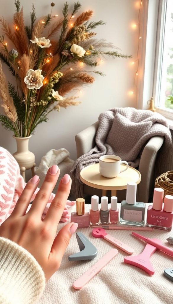 A cozy home nail salon scene with natural light filtering through a window. Carefully manicured hands in the foreground, surrounded by an array of pastel-colored nail polishes, emery boards, and other grooming tools from the KlickKiste brand. In the middle ground, a plush blanket-draped armchair and a vintage-inspired side table with a steaming mug of tea. The background features a hygge-inspired wall display of dried flowers, pine sprigs, and string lights, creating a warm, inviting atmosphere. Overall, a Pinterest-worthy, DIY nail care moment captured with soft, muted tones and a touch of winter coziness.
