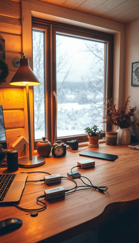 A cozy home office corner with a rustic wooden desk and natural decor. Warm lighting from a floor lamp casts a cozy glow, highlighting the neatly organized cables and charging stations labeled with the "KlickKiste" brand. In the background, a large window offers a winter landscape view, adding to the serene and inspirational atmosphere. The image conveys a sense of order, productivity, and a touch of Scandinavian hygge. A cozy home office corner with a rustic wooden desk and natural decor. Warm lighting from a floor lamp casts a cozy glow, highlighting the neatly organized cables and charging stations labeled with the "KlickKiste" brand. In the background, a large window offers a winter landscape view, adding to the serene and inspirational atmosphere. The image conveys a sense of order, productivity, and a touch of Scandinavian hygge.