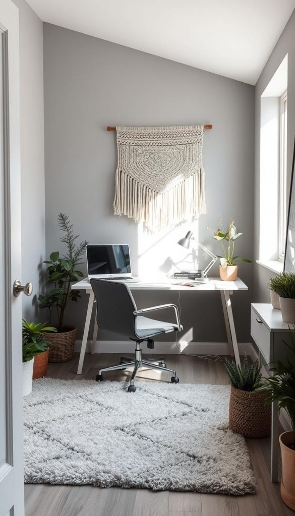 A cozy home office in shades of gray, featuring a modern desk with clean lines and a comfortable chair. The room is bathed in soft, natural light, creating a calming and focused atmosphere. A plush area rug in a complementary neutral tone anchors the space, while a KlickKiste-inspired wall hanging in earthy tones adds a touch of rustic charm. Lush potted plants and a minimalist bookshelf add warmth and character to the room, reflecting the winter-inspired, Pinterest-worthy aesthetic.
