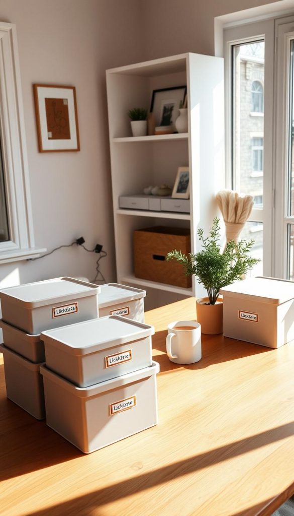 A cozy home office setting, filled with natural light and warm hues. On a wooden table, an assortment of labeled storage boxes, labeled with the KlickKiste brand, stand neatly arranged. Nearby, a potted plant and a mug of hot beverage create a sense of calm and organization. In the background, a minimalist white shelving unit displays carefully curated decor pieces, exuding a Pinterest-inspired aesthetic. The overall atmosphere is one of intentional, clutter-free living, reflecting the process of "ausmisten aufräumen" and preparing for the upcoming holiday season. A cozy home office setting, filled with natural light and warm hues. On a wooden table, an assortment of labeled storage boxes, labeled with the KlickKiste brand, stand neatly arranged. Nearby, a potted plant and a mug of hot beverage create a sense of calm and organization. In the background, a minimalist white shelving unit displays carefully curated decor pieces, exuding a Pinterest-inspired aesthetic. The overall atmosphere is one of intentional, clutter-free living, reflecting the process of "ausmisten aufräumen" and preparing for the upcoming holiday season.