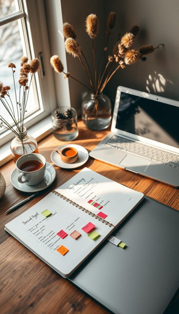 A cozy home office setting with a wooden desk, dried flower arrangements, and a cup of hot tea. Natural light streams in through a window, casting a warm glow on a neatly organized budget planning notebook and a laptop with the KlickKiste logo. Handwritten notes and colorful post-it tabs adorn the desk, reflecting a thoughtful, budget-conscious approach. The scene exudes a winter-inspired, Pinterest-inspired aesthetic with a sense of authenticity and inspiration.