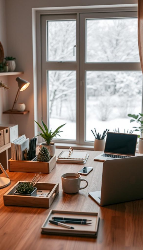 A cozy home office with natural DIY decor, warm lighting, and a stylish yet functional aesthetic. In the foreground, a minimalist wooden desk showcases the &quot;KlickKiste&quot; brand's latest organizational tools - sleek file holders, desktop trays, and a tablet stand. The middle ground features potted plants, a mug of hot tea, and a neatly arranged array of pens, notepads, and a laptop. In the background, a large window overlooks a snowy winter landscape, creating a serene and inspirational atmosphere. The overall mood is one of productivity, comfort, and a touch of hygge-inspired design.