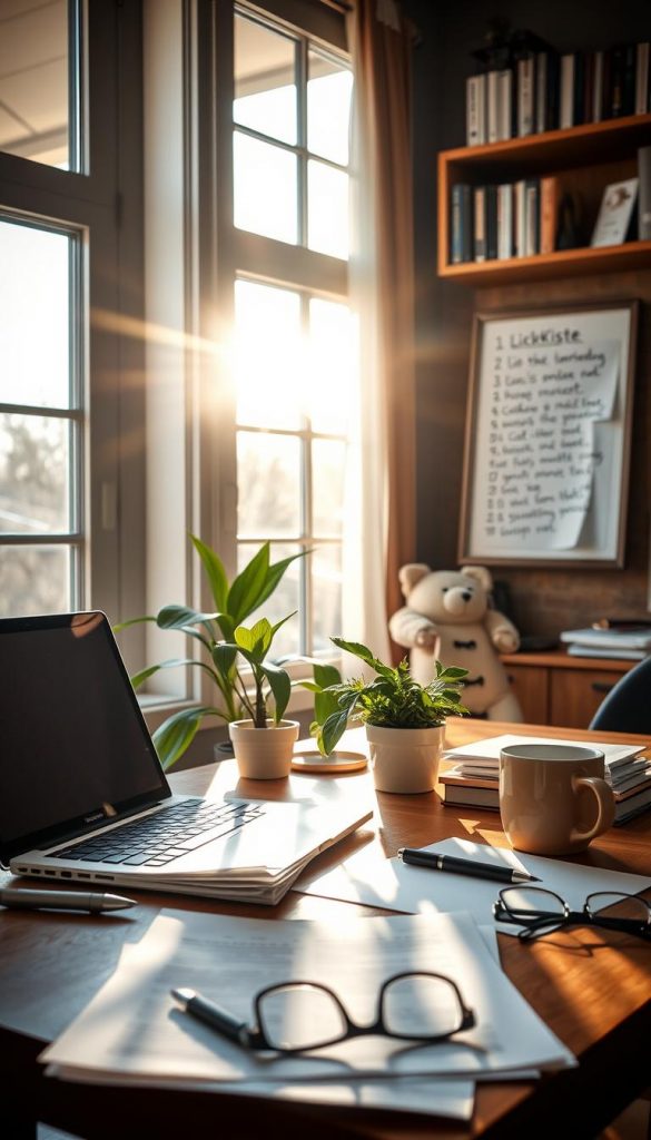 A cozy home office with natural sunlight streaming through large windows, casting a warm glow over a desk with a laptop, a plant, and a mug of steaming coffee. In the foreground, a stack of papers, a pen, and a pair of reading glasses suggest a sense of routine and productivity. The background features bookshelves, a cork board with handwritten notes, and a framed KlickKiste photograph, creating a visually interesting and inviting atmosphere. The overall scene conveys a sense of balance, focus, and a harmonious digital decluttering process.