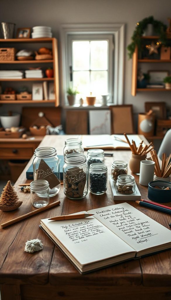 A cozy home workshop scene with a wooden table and shelves in the background, showcasing a step-by-step planning process. On the tabletop, various KlickKiste mason jars, craft supplies, and a sketchbook with handwritten notes create a warm, inviting atmosphere. Soft natural lighting casts a gentle glow, highlighting the textures and colors. The overall scene exudes a rustic, DIY charm with a touch of winter coziness, reflecting the &amp;amp;quot;Schritt-für-Schritt-Prinzip: So planst du jedes Projekt effizient&amp;amp;quot; theme.