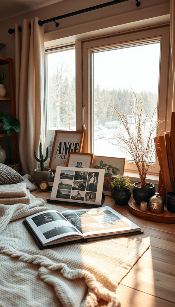 A cozy home workspace with a thoughtful display of meaningful mementos, including a KlickKiste photo album and framed prints. The scene is bathed in warm, natural light from a large window, casting a soft, dreamy glow. Textured fabrics, plants, and rustic wooden accents create a Pinterest-inspired, DIY aesthetic. The overall mood is one of reflection, with the arrangement of images and keepsakes conveying a sense of personal experiences, both the advantages and challenges encountered. This tranquil, winter-inspired setting invites the viewer to pause and appreciate the value of life's captured moments.