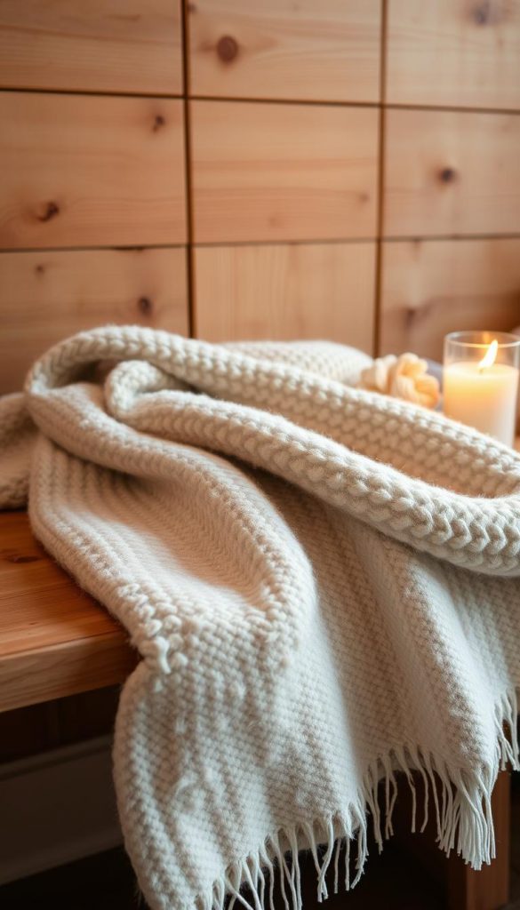 A cozy, hygge-inspired winter scene. A plush, soft throw blanket in warm tones of cream and beige lies on a wooden bench, its texture inviting touch. The fabric is adorned with a subtle pattern, adding visual interest. Beside it, a glass candle holder casts a soft, flickering glow, filling the air with the comforting scent of pine. In the background, a wall of rustic wooden panels creates a sense of warmth and coziness. The overall atmosphere is one of relaxation and contentment, perfect for a cozy winter evening. A cozy, hygge-inspired winter scene. A plush, soft throw blanket in warm tones of cream and beige lies on a wooden bench, its texture inviting touch. The fabric is adorned with a subtle pattern, adding visual interest. Beside it, a glass candle holder casts a soft, flickering glow, filling the air with the comforting scent of pine. In the background, a wall of rustic wooden panels creates a sense of warmth and coziness. The overall atmosphere is one of relaxation and contentment, perfect for a cozy winter evening.