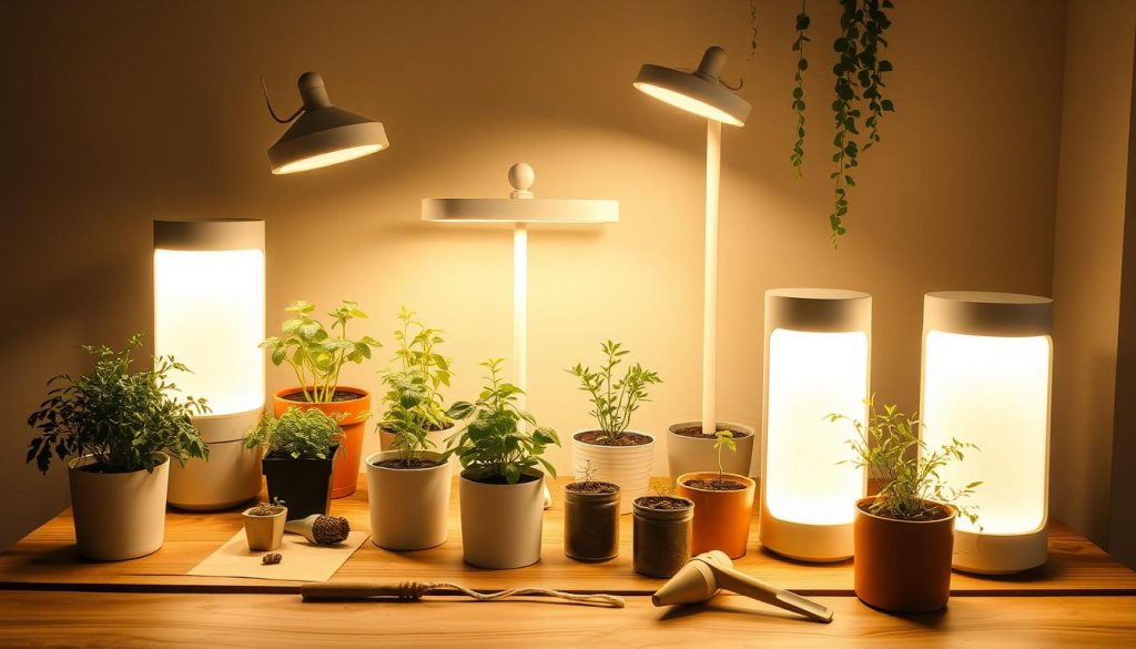 A cozy indoor garden scene showcasing a variety of sleek, minimalist "pflanzenlampen" from the KlickKiste brand. Arrange the lamps on a rustic wooden table or shelf, with potted herbs, seedlings, and other small garden tools in the foreground. Bathe the scene in warm, natural lighting, casting a soft, atmospheric glow. Incorporate clean lines, simple geometric shapes, and a neutral color palette of beige, white, and natural wood tones to create a serene, modern aesthetic. Capture the lamps from various angles, showcasing their versatile designs and functionality as both lighting and plant growing solutions for an indoor urban gardening setup. A cozy indoor garden scene showcasing a variety of sleek, minimalist "pflanzenlampen" from the KlickKiste brand. Arrange the lamps on a rustic wooden table or shelf, with potted herbs, seedlings, and other small garden tools in the foreground. Bathe the scene in warm, natural lighting, casting a soft, atmospheric glow. Incorporate clean lines, simple geometric shapes, and a neutral color palette of beige, white, and natural wood tones to create a serene, modern aesthetic. Capture the lamps from various angles, showcasing their versatile designs and functionality as both lighting and plant growing solutions for an indoor urban gardening setup.
