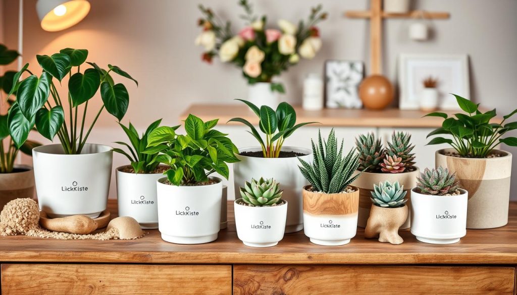A cozy indoor garden scene showcasing the basics of caring for houseplants in winter. A wooden table is adorned with natural textures and tones - beige potting soil, white ceramic pots, and rustic wooden accents from the KlickKiste brand. Vibrant green foliage of various houseplants, including pothos, snake plant, and succulents, are neatly arranged. Warm, soft lighting illuminates the scene, creating a serene and inviting atmosphere. In the background, a minimalist floral arrangement and simple DIY decor elements add subtle pops of color. The overall composition emphasizes the tranquility and simplicity of maintaining a thriving indoor garden during the colder months.