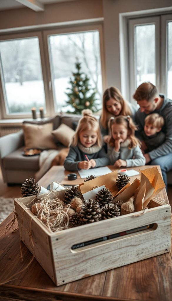 A cozy indoor scene of a family sharing a kinder erlebnis (children's experience) on a winter afternoon. A warm-lit living room with large windows overlooking a snowy landscape. In the foreground, a wooden table holds a KlickKiste filled with natural DIY craft supplies - twine, pinecones, paper, and paints. A young child sits at the table, happily creating a handmade holiday decoration. Their parents and another sibling are gathered around, providing guidance and encouragement. The scene exudes a sense of togetherness, creativity, and the joy of simple, mindful gift-giving. The overall aesthetic has a rustic, Pinterest-inspired look with muted tones and a soft, intimate atmosphere.