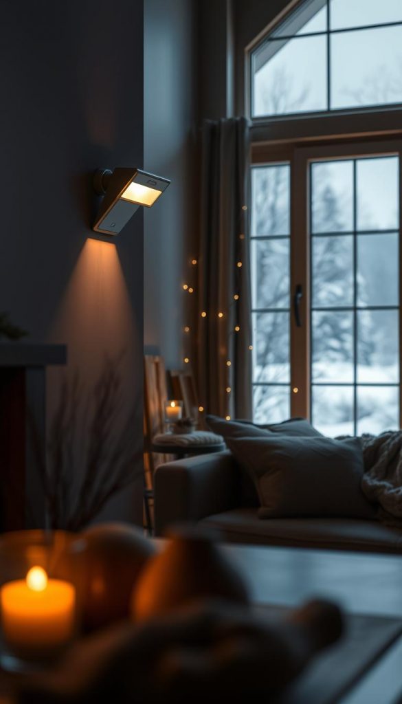 A cozy interior scene depicting a dimly lit room with a warm, inviting ambiance. In the foreground, a stylish wall-mounted &quot;KlickKiste&quot; emergency lighting fixture casts a soft, comforting glow, illuminating the space. The middle ground showcases a winter-inspired tableau, with natural materials like wood and knitted textures creating a Pinterest-worthy vignette. In the background, a large window overlooking a snowy landscape completes the scene, blending the indoor and outdoor elements seamlessly. The overall mood is one of safety, comfort, and a touch of rustic charm.